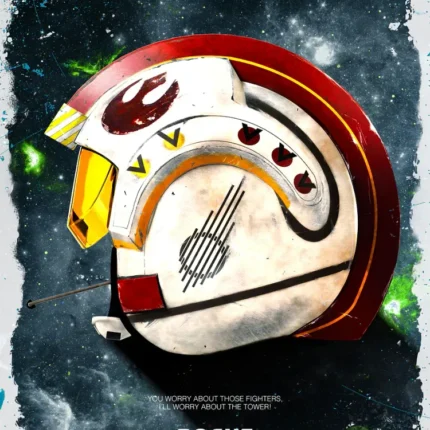 Red and white Rebel pilot helmet with starbird emblem labeled Rogue Leader