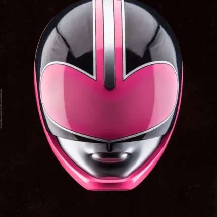 Glossy pink and black Power Rangers helmet with a white stripe and silver chin guard on black