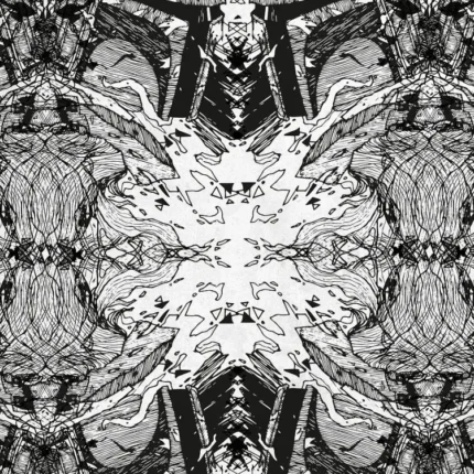 Symmetrical black and white kaleidoscope pattern of ink textures