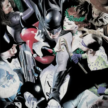 Painted collage of Batman surrounded by a crowd of Gotham villains