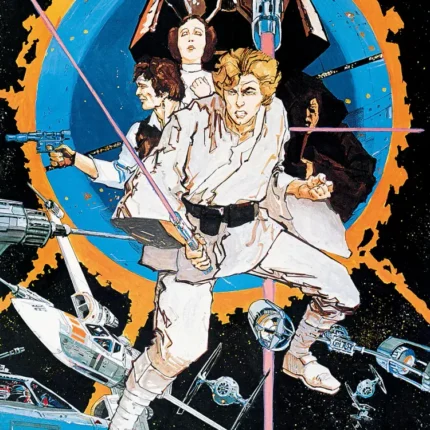 Retro comic Star Wars poster with heroes, Darth Vader helmet and X-wings