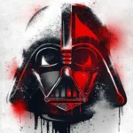 Darth Vader helmet in black and red with spray paint drips on a white background