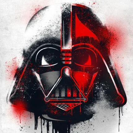 Darth Vader helmet in black and red with spray paint drips on a white background