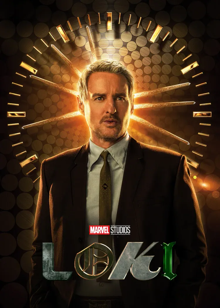 Loki Series Poster Man in Suit with Glowing Clock Man in a dark suit and tie before a golden clock face with the Loki logo