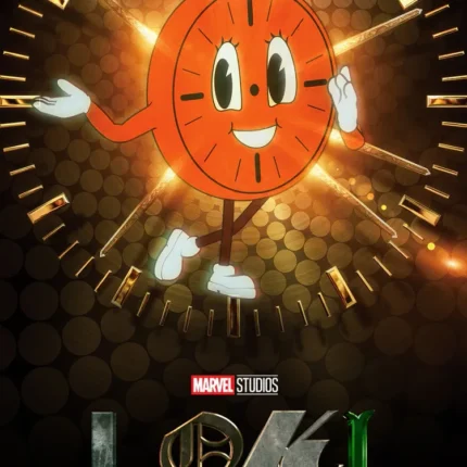 Smiling cartoon clock character on a golden burst with the Marvel Studios Loki logo