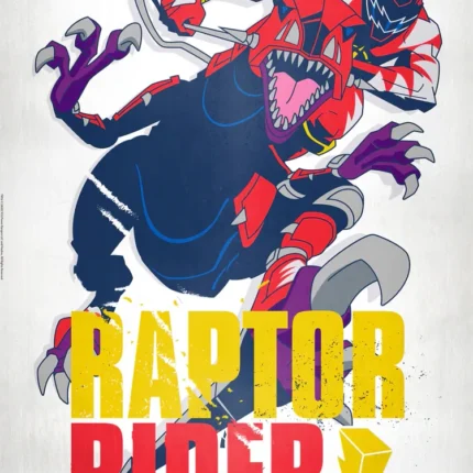 فارس بزي أحمر يمتطي ديناصور رابتور أزرق مع عبارة Raptor Rider