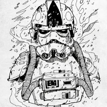 Black ink sketch of an Imperial pilot helmet with hoses and chest box