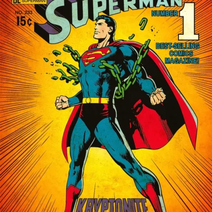 Vintage Superman number 1 comic cover with Superman breaking green chains, Kryptonite Nevermore