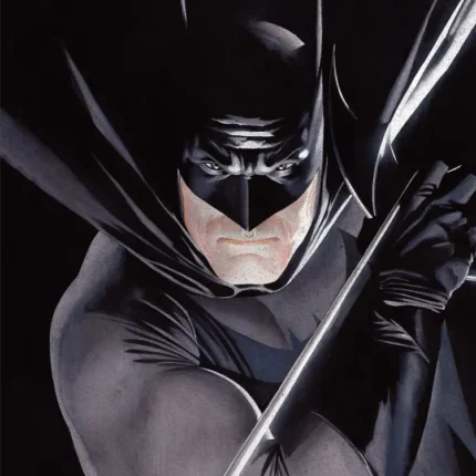 Close-up painted portrait of Batman in cowl and cape emerging from shadow