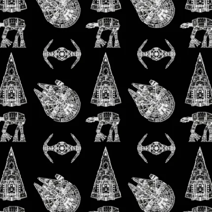 Pattern of white Star Wars ships and AT-AT walkers on black background