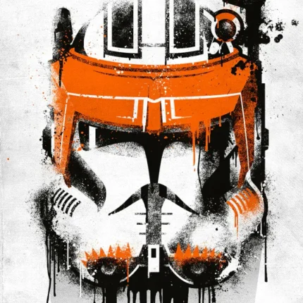 Orange and white trooper helmet painted in a dripping graffiti style on a white background