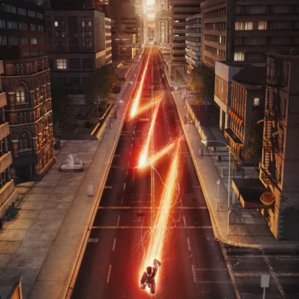 Red and gold lightning trail down a city street at sunset with the Flash logo at the bottom