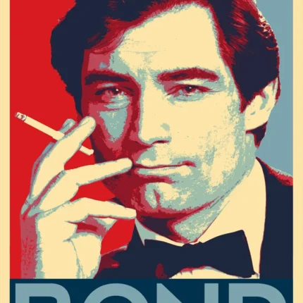 رسم بأسلوب فن البوب لوجه جيمس بوند ببابيون وكلمة BOND في أسفل الملصق