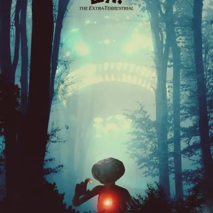 E.T. with a glowing red chest in a misty teal forest with a faint spaceship above