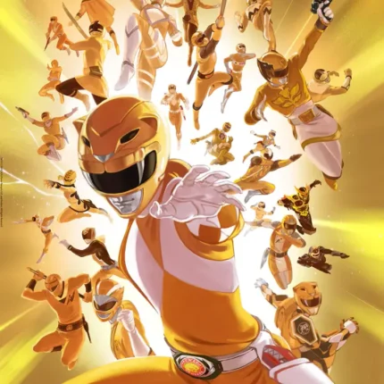 Yellow Power Ranger mid-punch with many smaller Rangers leaping on a bright yellow background
