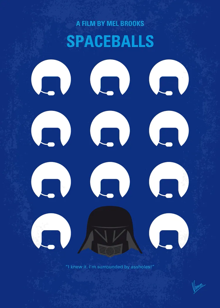 Spaceballs Minimalist Movie Poster with Helmet Silhouettes on Blue Blue minimalist poster titled Spaceballs with rows of white helmet silhouettes and one dark helmet