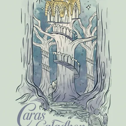 Illustration of a golden elven tree palace with spiral stairs titled Caras Galadhon