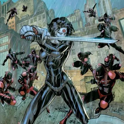 Masked hero with sword fighting red-armored attackers on a rainy city rooftop