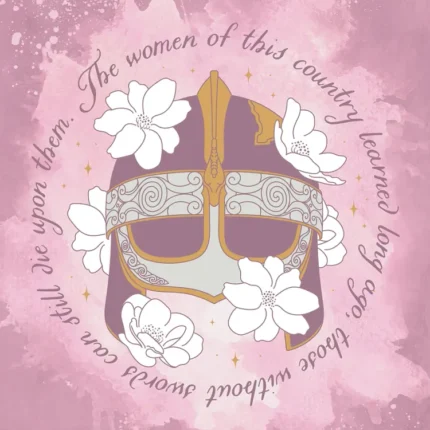 Ornate helmet with white flowers and circular script quote on pink background