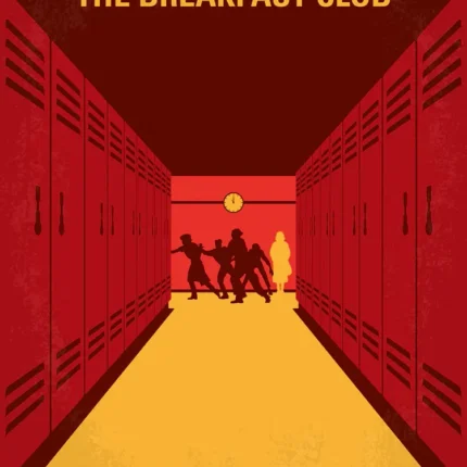 Minimalist Breakfast Club poster with red lockers and silhouetted students