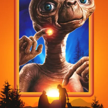 E.T. with a glowing finger in an orange frame above sunset silhouettes of figures and a dog