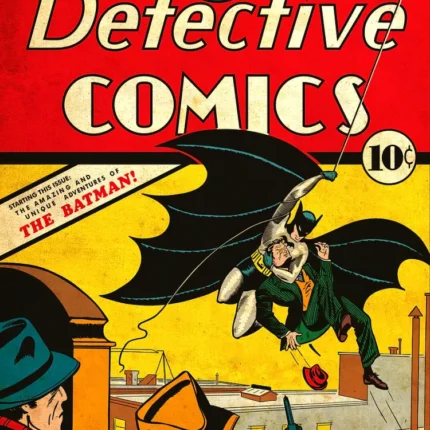Vintage Detective Comics number 27 cover with Batman swinging on a rope above two men in hats