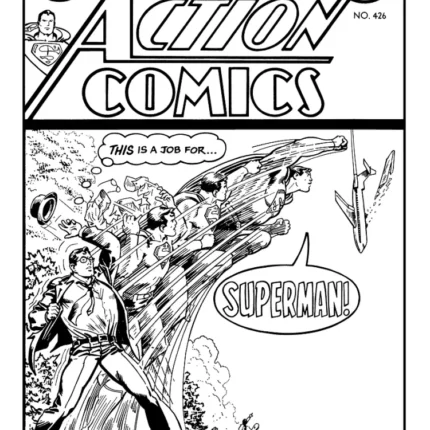 Black and white vintage Action Comics cover featuring Superman and other heroes