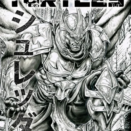 Shredder in spiked armor in black and white manga style with TMNT title