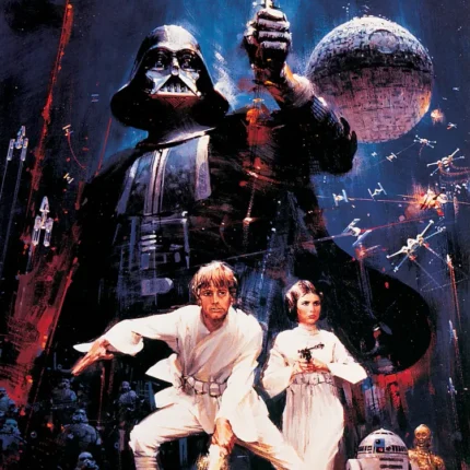 Darth Vader with lightsaber above two heroes in white, R2-D2 and the Death Star