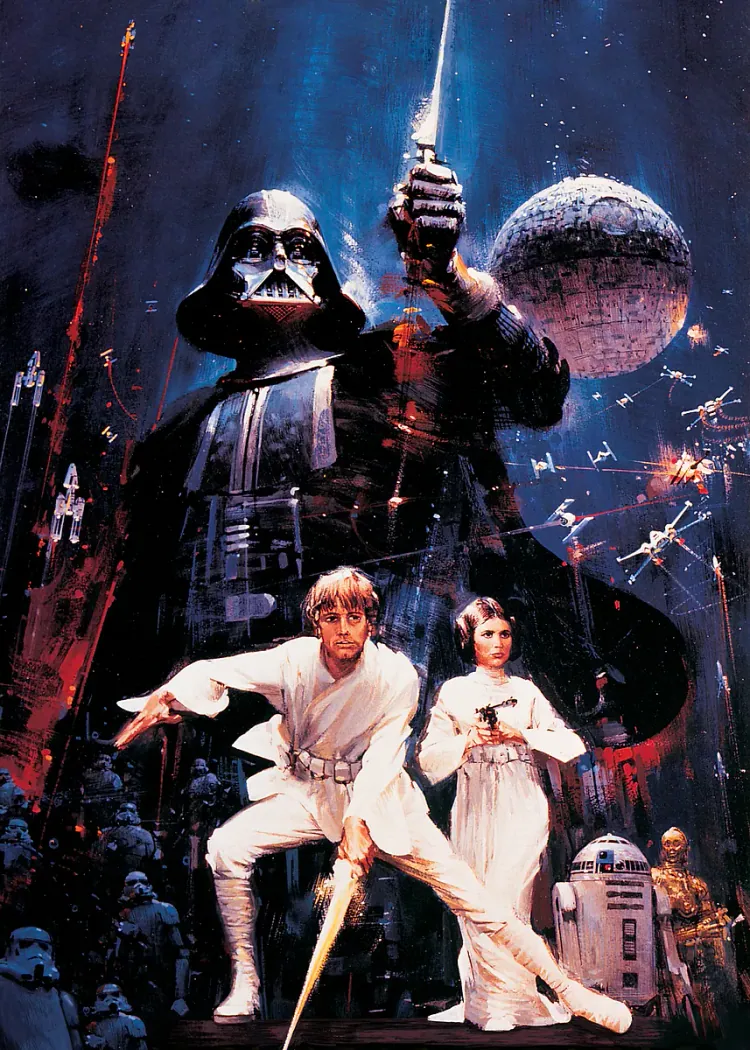 Darth Vader and the Death Star Star Wars Battle Poster Darth Vader with lightsaber above two heroes in white, R2-D2 and the Death Star
