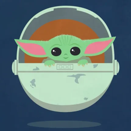 Small green big-eared character peeking from a floating pod on a navy background