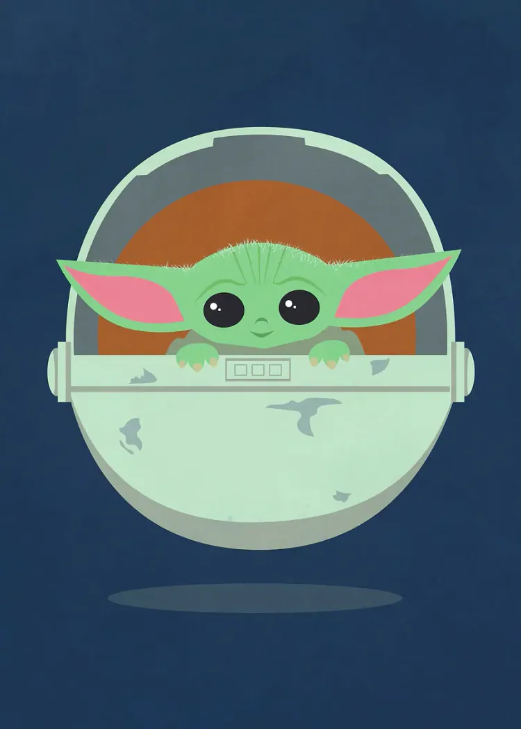 Grogu in Floating Pod Cute Flat Illustration Poster Small green big-eared character peeking from a floating pod on a navy background