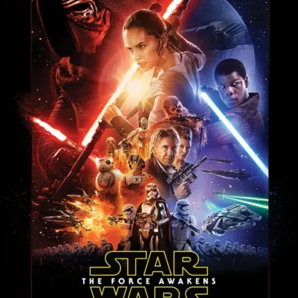 Star Wars The Force Awakens poster collage with characters, a droid and red and blue lightsabers