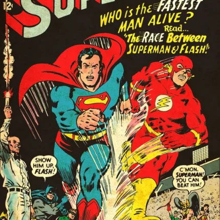 Vintage Superman comic cover with Superman and the Flash racing as a crowd watches