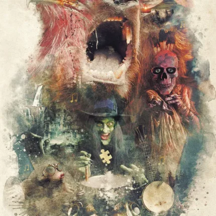 Painted collage of a growling creature, green-faced witch and skull figure