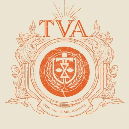 Orange TVA crest with scrollwork and the motto For all time Always on a cream background