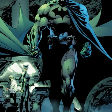 Comic art of Batman walking through a dark cave with lit screens behind