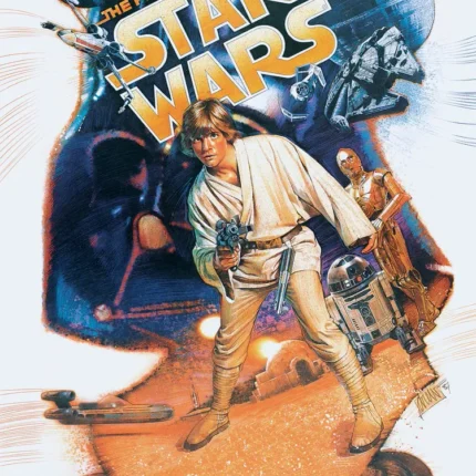 Star Wars illustrated collage poster with a hero, two droids and the Death Star