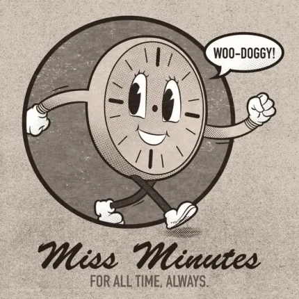Cartoon clock mascot Miss Minutes striding with a Woo-doggy speech bubble in sepia
