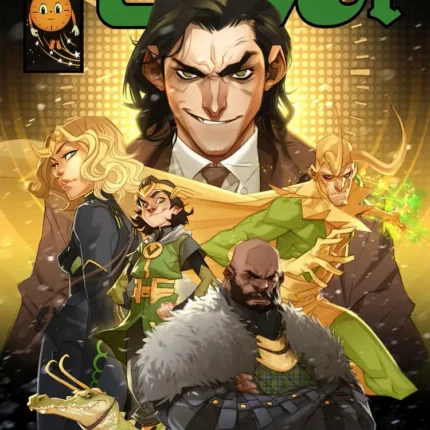 Comic-style Loki cover art with several Loki variants, a bearded man and a small alligator under the Loki title
