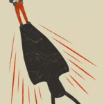 Small man in red trousers casting a giant black horned-helmet shadow with red rays on beige