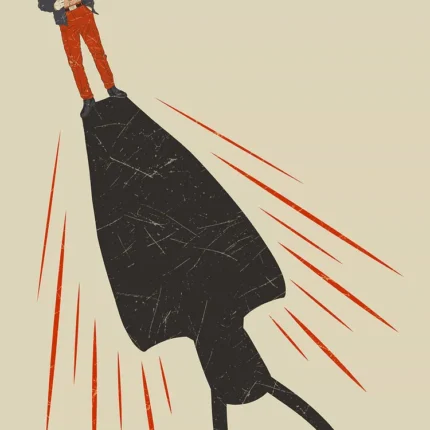 Small man in red trousers casting a giant black horned-helmet shadow with red rays on beige