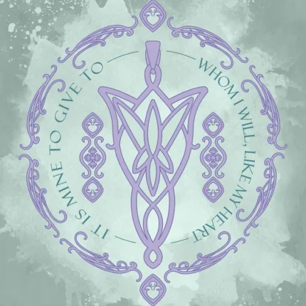 Purple elven pendant emblem in a circle with quote on a teal watercolor background