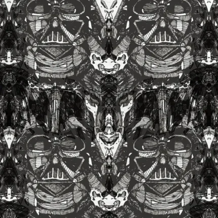 Mirrored Darth Vader helmets in a symmetrical black and white ink pattern