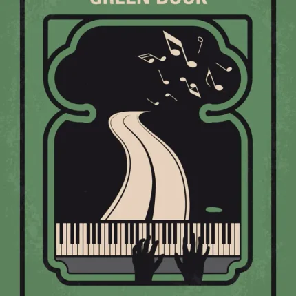 Green poster titled Green Book with piano keys, hands and a road under a tree of notes