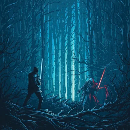 Star Wars The Force Awakens poster with two lightsaber duelists in a glowing blue forest