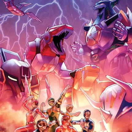 Power Rangers team below giant dinosaur zords in a purple lightning storm
