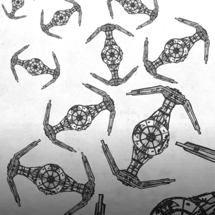 Swarm of grey TIE Fighters at different angles on a white background
