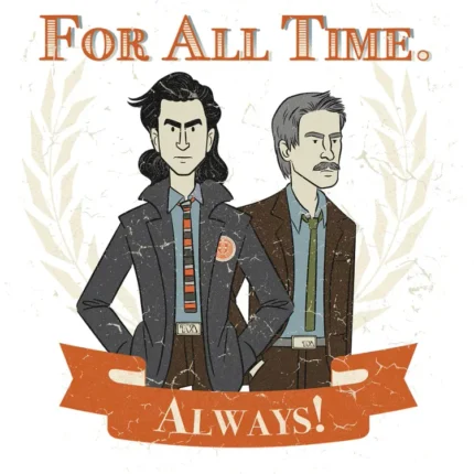 Cartoon pair of men in jackets before a laurel wreath with the text For all time Always