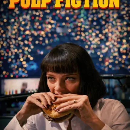 Pulp Fiction poster with a woman eating a burger against glowing lights